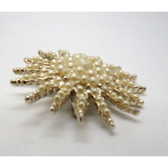 Vintage Starburst Brooch Graduated Imitation Pearls 2" Pin Gold Tone Flower - Picture 7 of 10